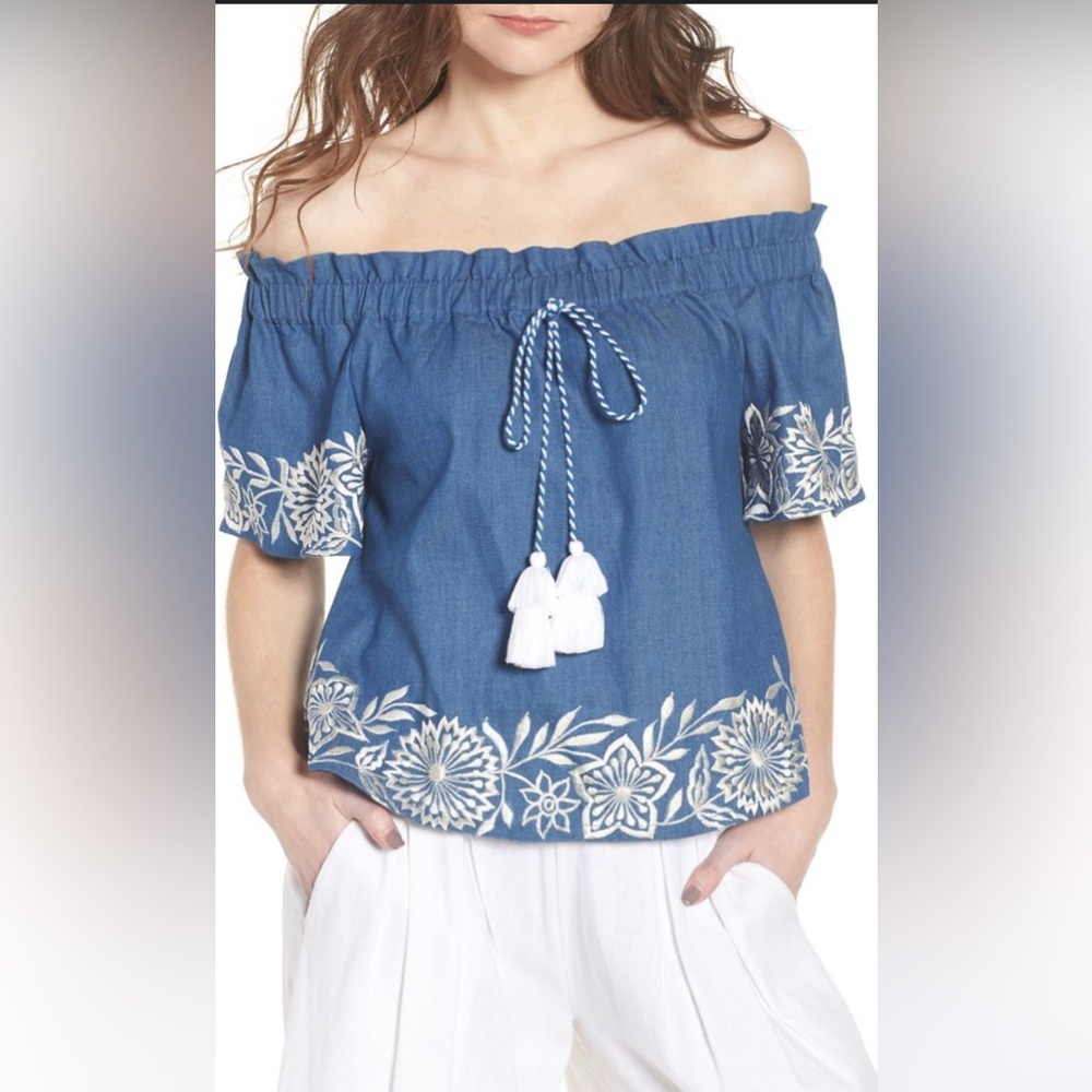 Misa Los Angeles Nisi Blue Off-Shoulder Top with White Embroidery
